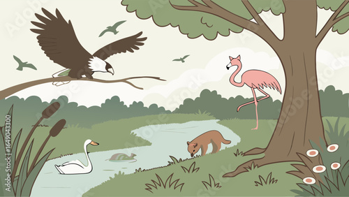 Wildlife animals in a natural river environment. Eagle, flamingo, swan, otter, and turtle in a beautiful outdoor landscape.