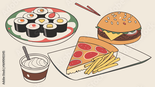 Assortment of popular foods including sushi, burger, pizza, french fries, and dessert. Diverse meal choices.