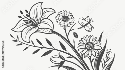Elegant Black and White Floral Line Art Drawing with Lily, Daisies, and a Butterfly. Beautiful Nature Sketch Illustration for Design Projects.