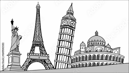 Famous world landmarks travel concept with Statue of Liberty, Eiffel Tower, Leaning Tower of Pisa, and historic dome building.