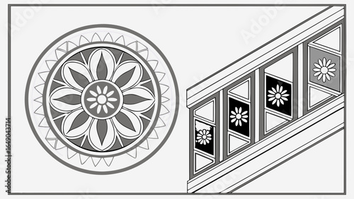 Black and white floral mandala pattern and decorative architectural railing design. Interior design element vector illustration.