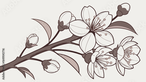 Spring cherry blossom branch vector illustration. Blooming flowers. Elegant floral design for nature, Asian, and wedding themes.