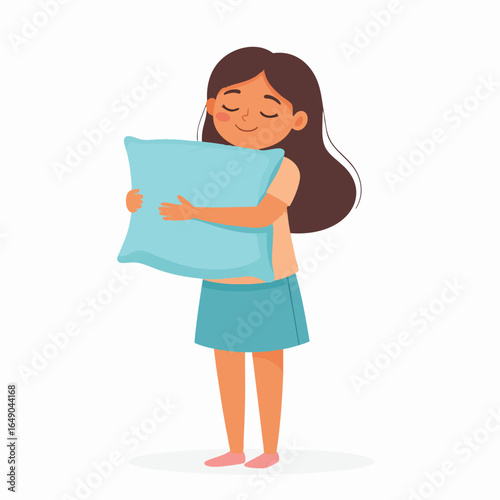 A young girl embraces a light blue pillow, her eyes closed in a peaceful pose.