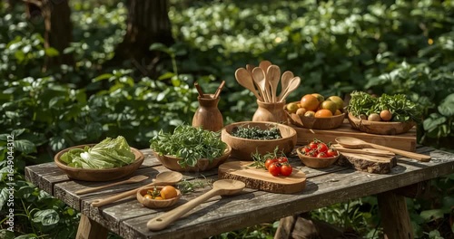Rustic Wooden Kitchenware and Fresh Vegetables Outdoors