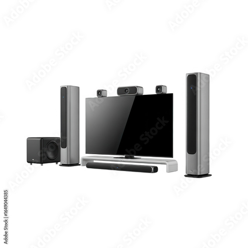 Modern home theater system with sleek speakers and media player isolated on transparent background