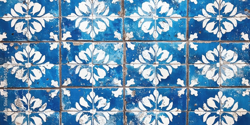 Blue Victorian mosaic backsplash with white flower motifs Stock photo Blue Victorian mosaic backsplash with white flower motifs Stock photo