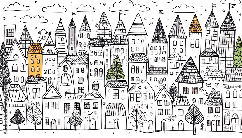 Fototapeta premium Black and white drawing of an old European neighborhood with charming rooftops.