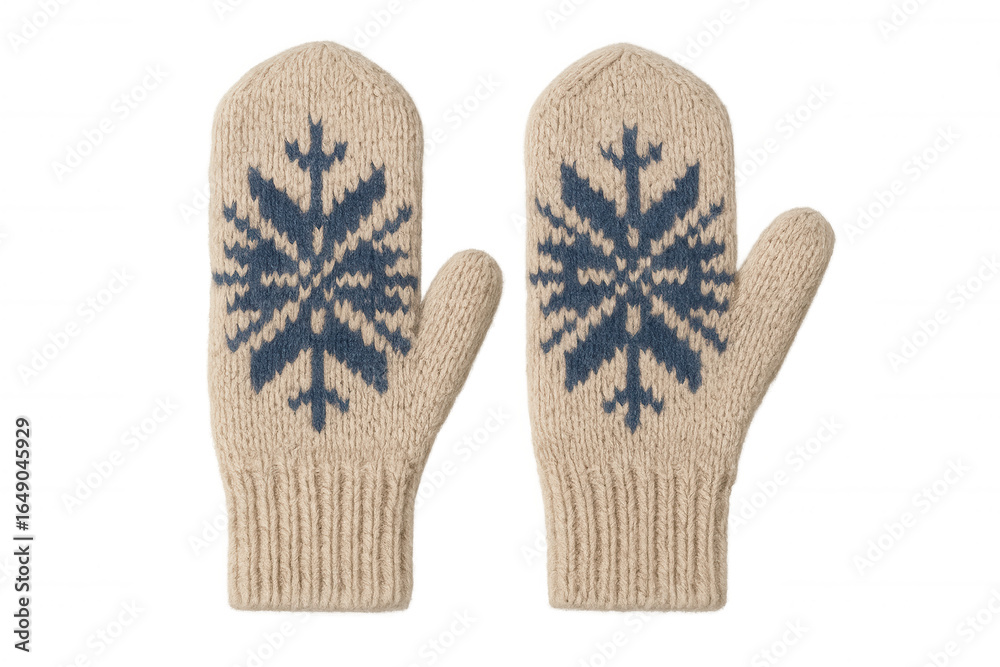 Beige knitted mittens featuring a blue snowflake design, isolated on a transparent background, perfect for winter-themed projects Beige knitted mittens featuring a blue snowflake design, isolated on a transparent background, perfect for winter-themed projects
