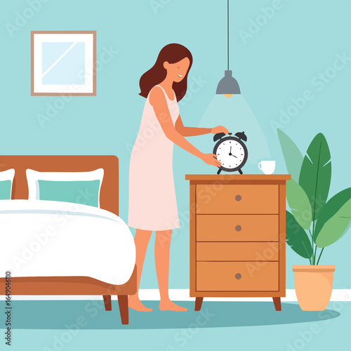 Woman waking up, turning off alarm clock in her bedroom.