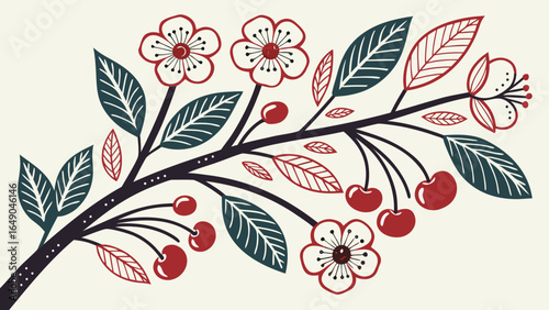 Illustration of a cherry blossom branch with flowers leaves and cherries on a light background