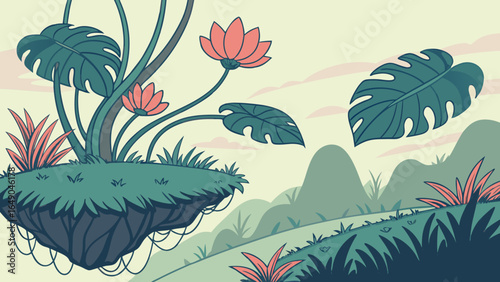 Floating island with tropical plants and flowers in a stylized landscape illustration art