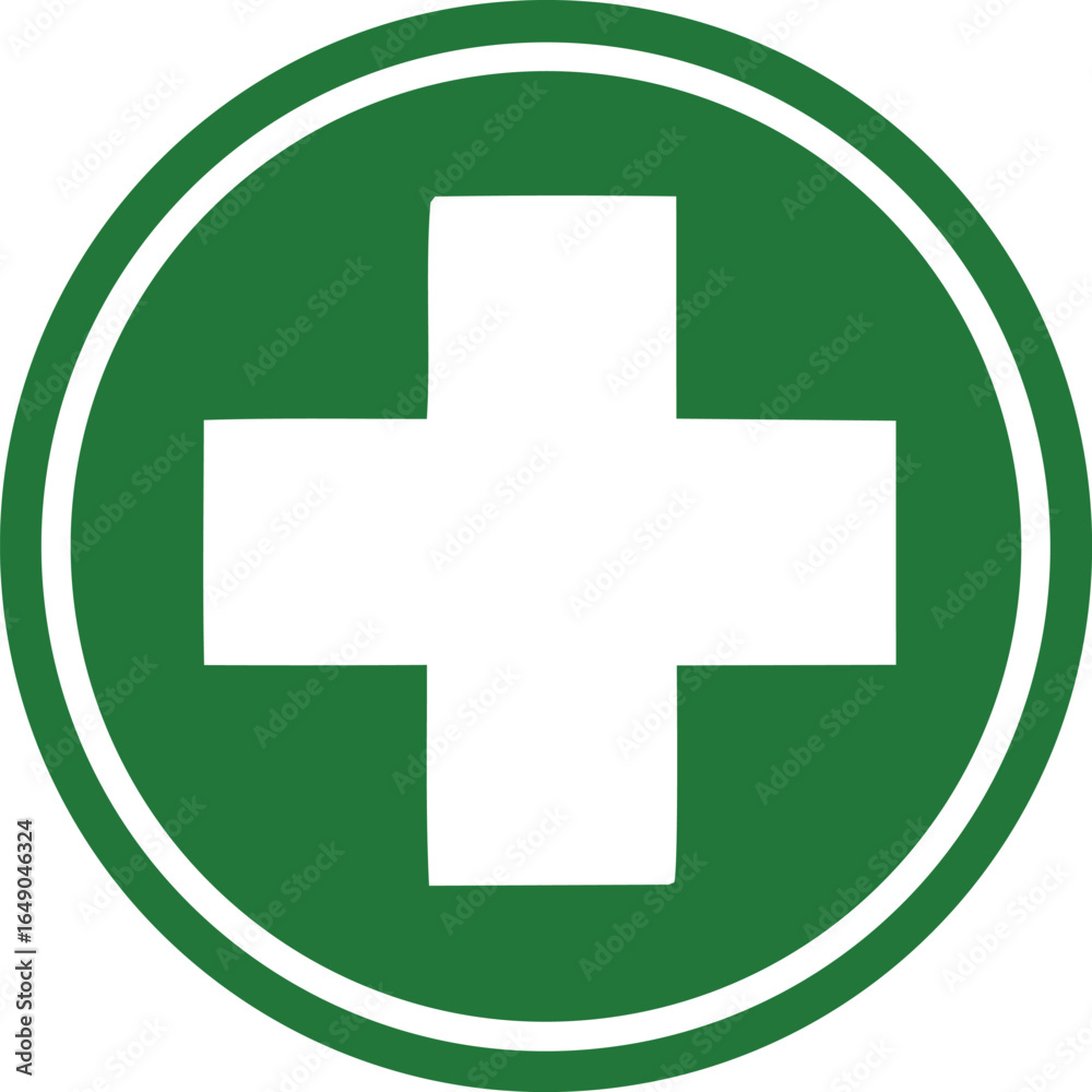 Fototapeta premium A simple clean and universally recognized white cross symbol set against a vibrant green circular background signifying health and medical care