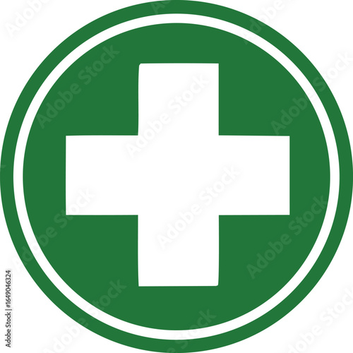 A simple clean and universally recognized white cross symbol set against a vibrant green circular background signifying health and medical care