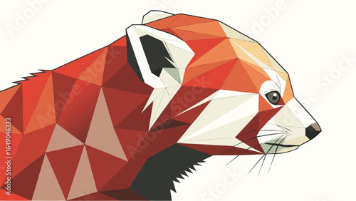 Geometric red panda head profile view with triangular facets and orange and white coloring on a white background