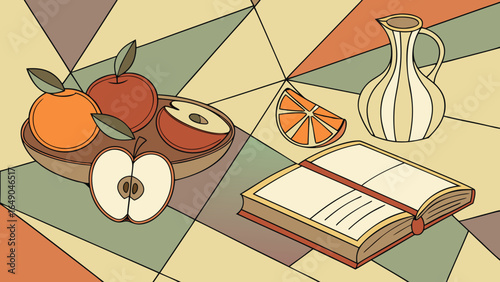 Still life with fruits in bowl, open book, orange slice and a pitcher on geometric background art