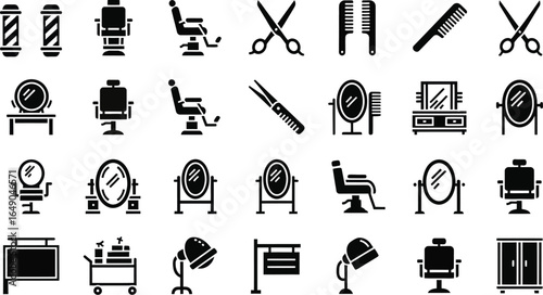 Barber shop icons set, hair salon tools vector collection in black silhouette; scissors, comb, razor, clippers, barber, mirror, hair dryer, brush, spray, towel, shampoo, sink, cape