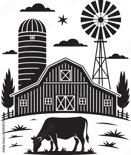 Farm life scene with cow, barn, silo, windmill