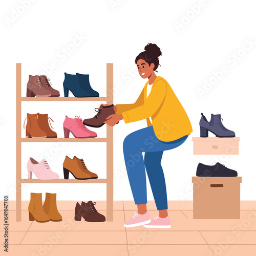 A woman selects a pair of boots from a shoe rack in a store, smiling.