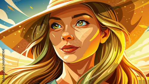 Close-up portrait of a woman staying hydrated outdoors on a sunny warm day, golden light highlighting her radiant skin and sparkling eyes beneath a wide-brimmed hat