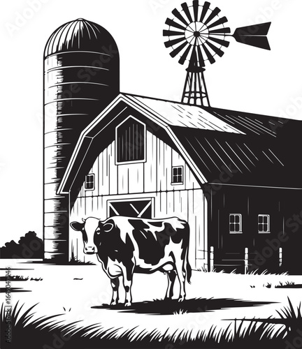 Classic farm scene with cow, barn, silo, windmill