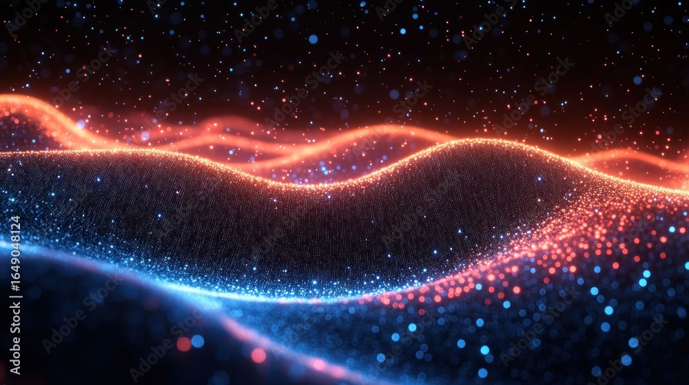 Fototapeta premium Abstract Glowing Particle Waves: A Symphony of Blue and Orange Hues