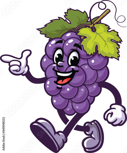 Cartoon mascot of grapes walking and finding an idea