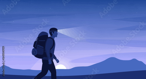 Person Hiking Through Majestic Landscape With Headlamp During Early Morning Hours