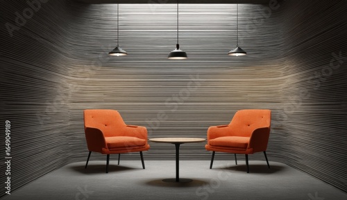 Minimalist modern interior with two vibrant orange armchairs facing each other in a sleek lounge area with wooden wall paneling and overhead lighting
