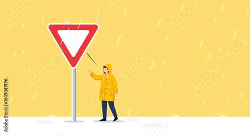 Person In Yellow Coat Points At Yield Sign During A Rainy Day Illustration