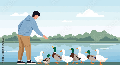 Person Offering Food to Row Of Ducks Along Lakeside Park Animated Scene