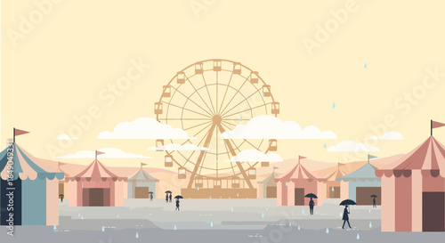 Rainy Day At The Carnival Fair With Ferris Wheel And Colorful Tents