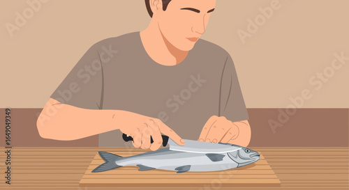 Person Prepares Fresh Fish Filleting on Wooden Cutting Board With Knife