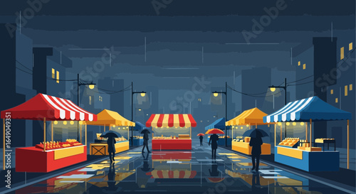 Rainy Day At The City Market With People Shopping And Stands