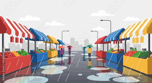 Rainy day at the farmers market with colorful stalls and people with umbrellas illustration