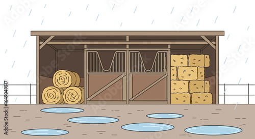 Rainy Day At The Stable Bales Of Hay And Puddles On The Ground