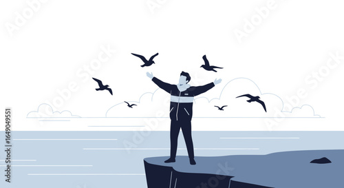 Person Standing On A Cliff Spreading Arms To The Seagulls In Flight