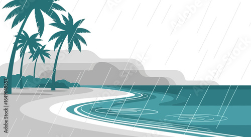 Rainy Day At Tropical Beach Illustration With Palm Trees And Heavy Rain
