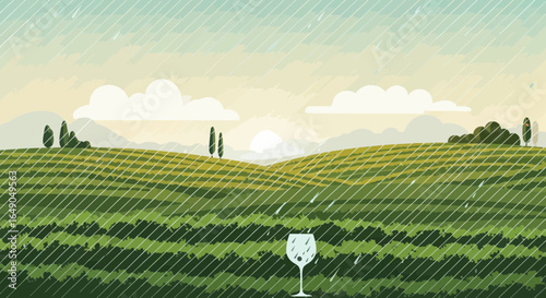 Rainy Day At The Vineyard A Glass Of Wine Standing Alone Landscape