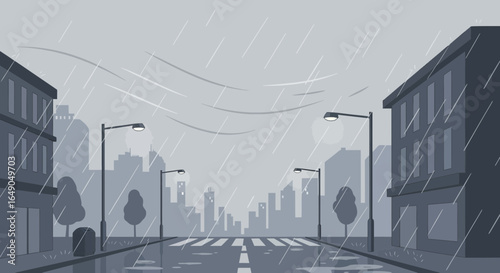 Rainy Day Cityscape Urban Scene Vector Illustration Minimalistic Design