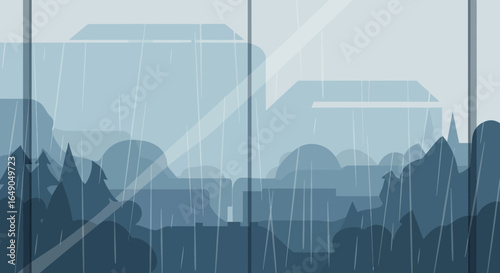 Rainy Day Cityscape Through Window With Minimalist Style And Soft Blue Palette