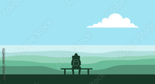 Person With Backpack Sitting On Bench Enjoying The Nature Landscape View