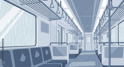 Rainy Day Commute Interior Of A Modern Subway Train Car Vector Illustration