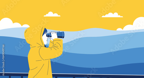 Person With Binoculars Observing Distant Mountain Ranges Under Sunny Sky