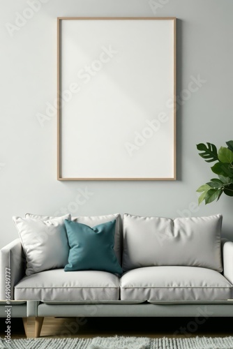 Blank picture frame on gray furniture, greenery , clean, room