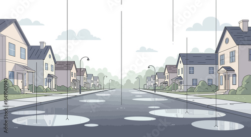Rainy Day Illustration Of A Quiet Suburban Street After A Rain Shower