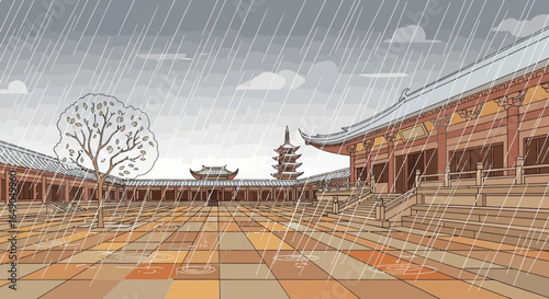 Rainy day illustration in a traditional Chinese or Japanese courtyard design