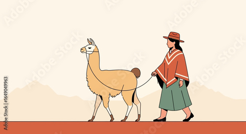 Peruvian Woman Walking With Her Llama Against Mountain Landscape Illustration