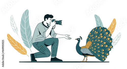 Photographer Capturing Beauty Man Takes Picture of Majestic Peacock With Feathers