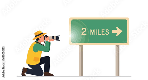 Photographer Capturing Destination Route On Roadside Directional Signage