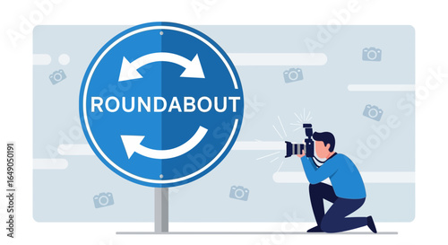 Photographer Capturing a Roundabout Sign Modern Transportation Infrastructure Design